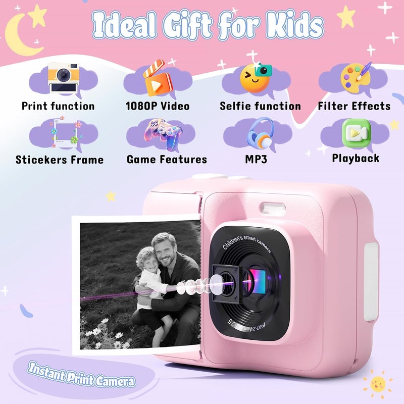 ETIKEZ Kids Camera, 1080P Instant Digital Print Camera for Kids, Christmas Birthday Gifts for 4 5 6 7 8 9 10 Year Old Girls Boys, Portable Toy with 32GB SD Card & 3 Rolls Printing Paper, Pink - Image 2